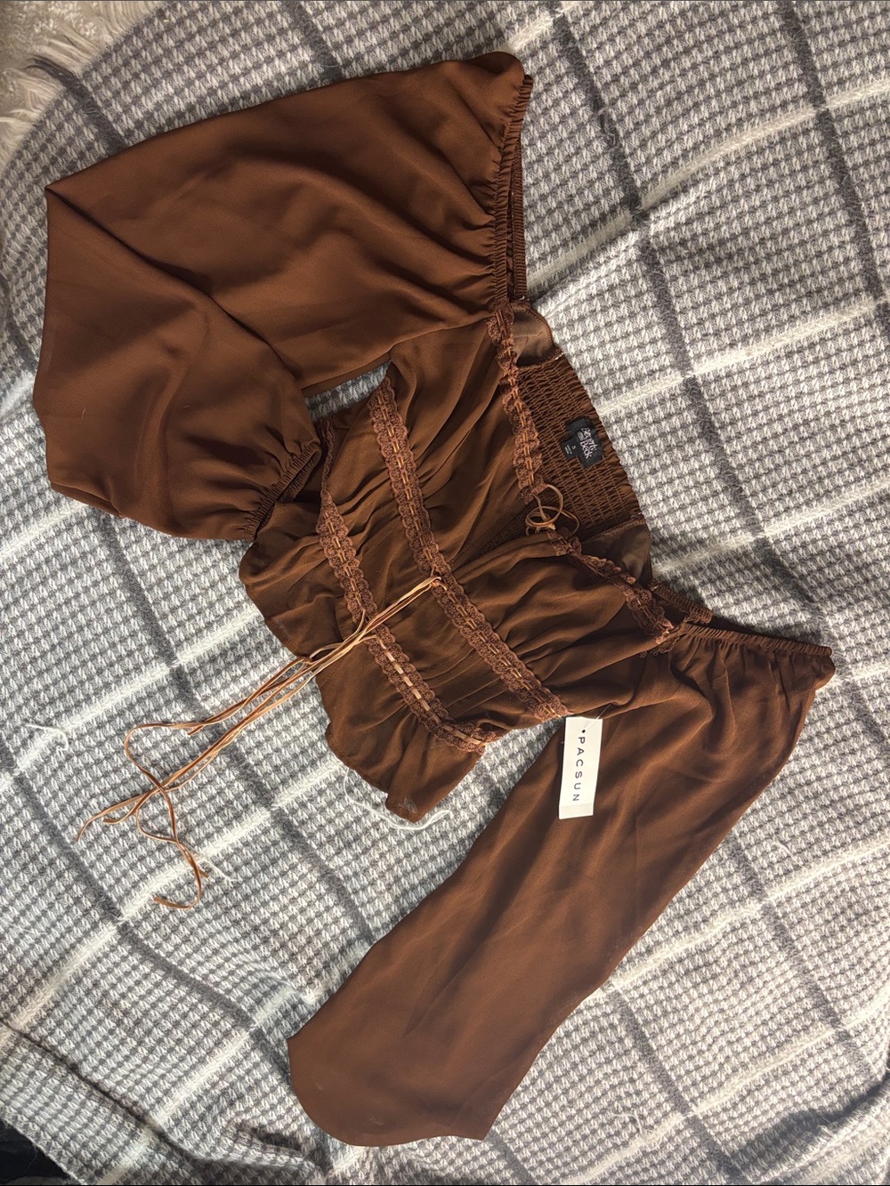 PacSun Brown Off-Shoulder Smocked Crop Top with Tie Detail